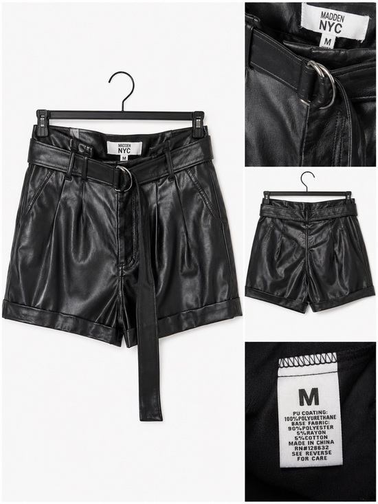 Steve Madden Pants - Madden NYC Black Faux Leather Paperbag Shorts with Belt – Size Medium